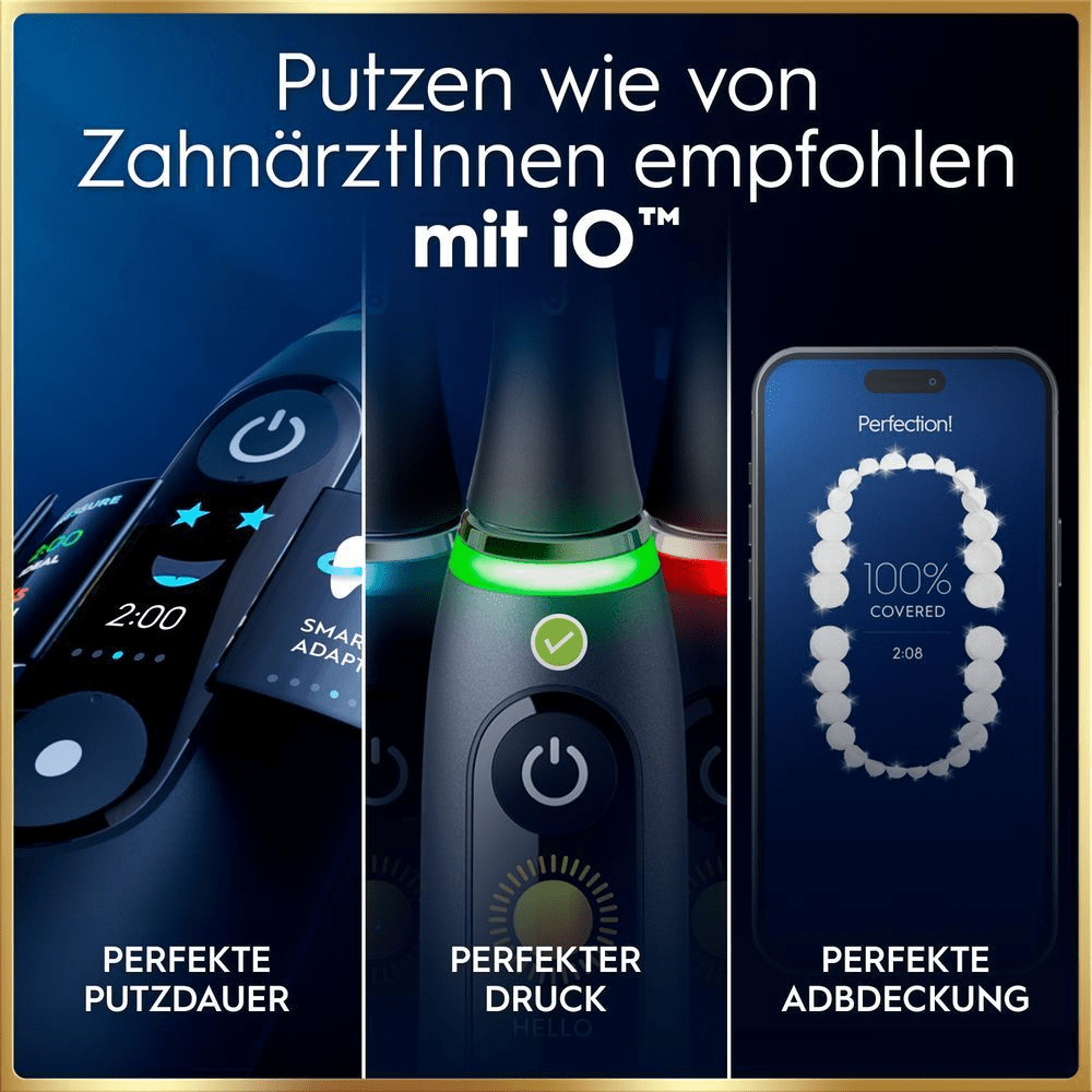 Oral-B iO Zahnbürste zeigt perfekte Putzdauer, Druck & Abdeckung wie von ZahnärztInnen empfohlen.