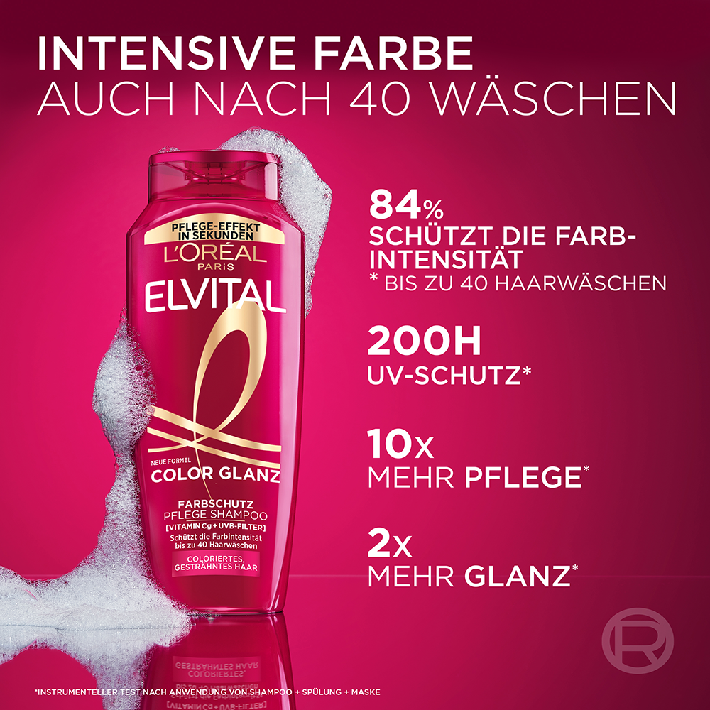 Bild: L'ORÉAL PARIS ELVITAL Color Glanz Pflege Farbschutz Shampoo & Spülung