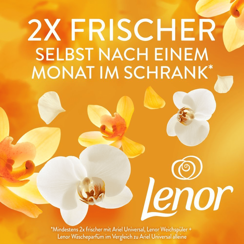 Lenor Wäscheparfüm: „2x frischer, selbst nach einem Monat im Schrank.“ *Mindestens 2x frischer mit Ariel Universal, Lenor Weichspüler + Lenor Wäscheparfüm im Vergleich zu Ariel Universal alleine.