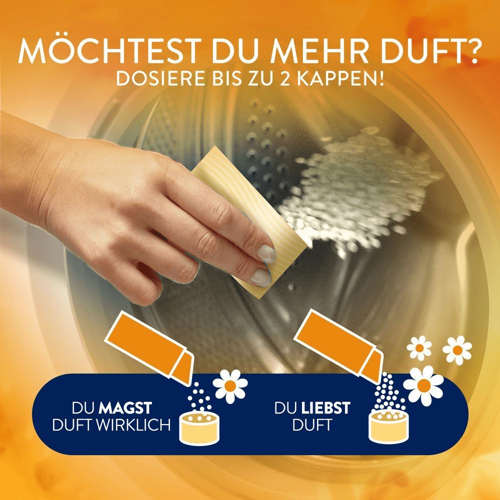 Lenor Wäscheparfüm, je nach gewünschter Duftintensität bis zu 2 Dosierkappen zugeben.