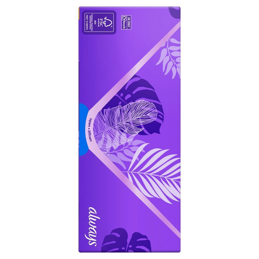 Always Slipeinlagen-Verpackung mit tropischem Design und dem Hinweis "Open • öffnen" zum einfachen Öffnen.;