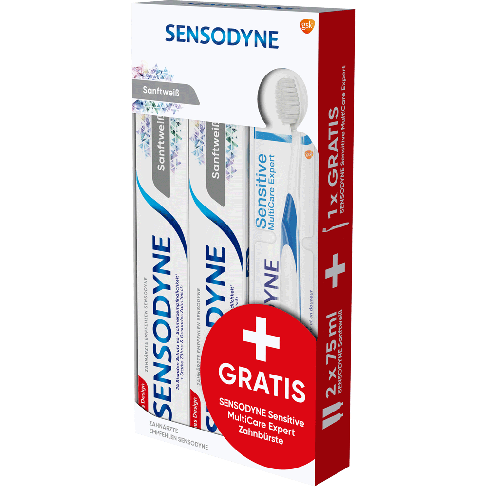 Bild: SENSODYNE Multicare Sanftweiß + Zahnbürste