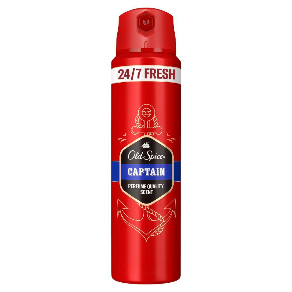 Old Spice Captain Deospray, rote Dose mit dem Aufdruck 24-7 Fresh und dem Hinweis Perfume Quality Scent. [EN] Old Spice Captain body spray, highlighting its 24-7 FRESH claim and perfume quality scent. [ES] Old Spice Captain desodorante en aerosol, con la etiqueta 24-7 Fresh visible en el empaque rojo. [PT] Old Spice Spray Stick Captain, om destaque para a promessa de 24-7 de frescor (24 horas por dia, 7 dias por semana).