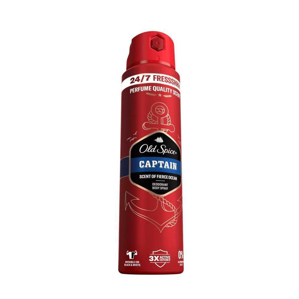 Old Spice Captain Deodorant Bodyspray, mit dem Versprechen eines 24-7 frischen Duftes in ParfÃ¼mqualitÃ¤t. [ES] Old Spice Captain desodorante en aerosol, con etiqueta que indica 24-7 Fressshhh Perfume Quality Scent. [PT] Old Spice Desodorizante Spray Captain destacando a fragrÃ¢ncia Scent of Fierce Ocean e proteÃ§Ã£o 24-7 com qualidade de perfume.