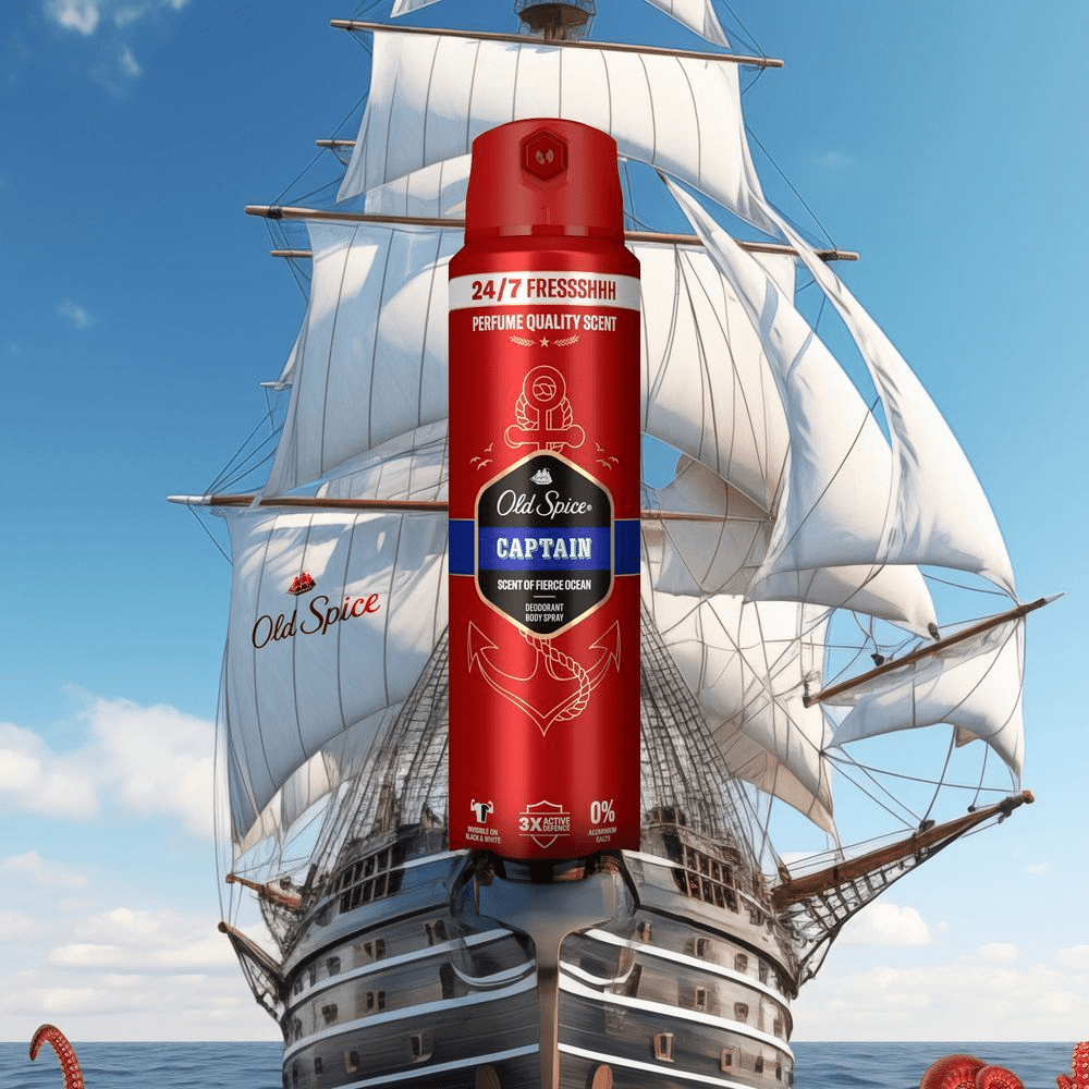 Old Spice Captain Deodorant-Spray verspricht 24-7 Frische mit einem Duft in ParfÃ¼mqualitÃ¤t vor dem Hintergrund eines Segelschiffs. [ES] Desodorante Old Spice Captain con fragancia de calidad de perfume, para un aroma fresco las 24 horas, los 7 dÃ­as de la semana.