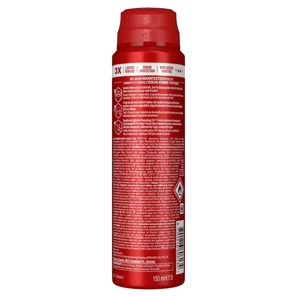 Old Spice Deodorant Bodyspray, rote Dose, bewirbt 3x Schutz mit langanhaltendem Duft und Geruchsbekämpfern.