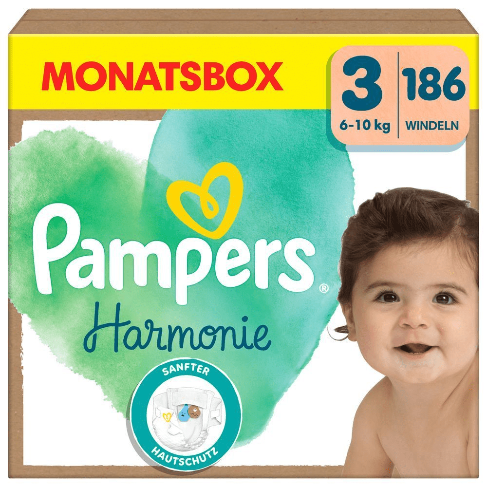 Pampers Harmonie Monatsbox, Größe 3, mit 186 Windeln, 6-10kg, hervorgehoben wird der Produktvorteil: sanfter Hautschutz.