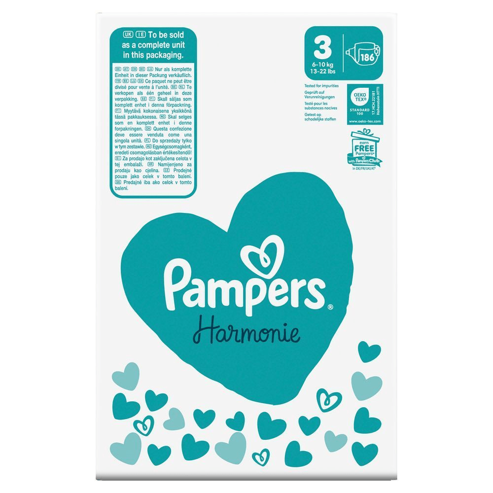 Pampers Harmonie, Größe 3, geprüft auf Verunreinigungen und dem Hinweis auf die Pampers Club App. [EN] Pampers Harmonie size 3 nappies, 186 count, tested for impurities and earn free Pampers with Pampers Club. [IT] Pampers Harmonie, taglia 3, confezione da 186 pannolini, testati per impurità e con possibilità di guadagnare pannolini gratis con Pampers Club. [HR] Pampers Harmonie pelene, veličina 3, pakiranje sa 186 komada, testirano na nečistoće i mogućnost zarade besplatnih pelena uz Pampers Club. [CS] Pampers Harmonie plenky velikosti 3, balení 186 kusů, s označením Oeko-Tex a možností získat odměny v Pampers Clubu. [HU] Pampers Harmonie pelenkák csomagolása, kiemelve a "Szerezz INGYEN Pampers-t a Pampers Clubbal" ajánlatot. [SK] Pampers Harmonie plienky, veľkosť 3, balenie so 186 kusmi, predajné iba ako celok v tomto balení. [SL] Pampers Harmonie plenice, velikost 3, pakiranje s 186 kosi, testirane za nečistoče in s ponudbo za brezplačne Pampers plenice s klubom Pampers.;