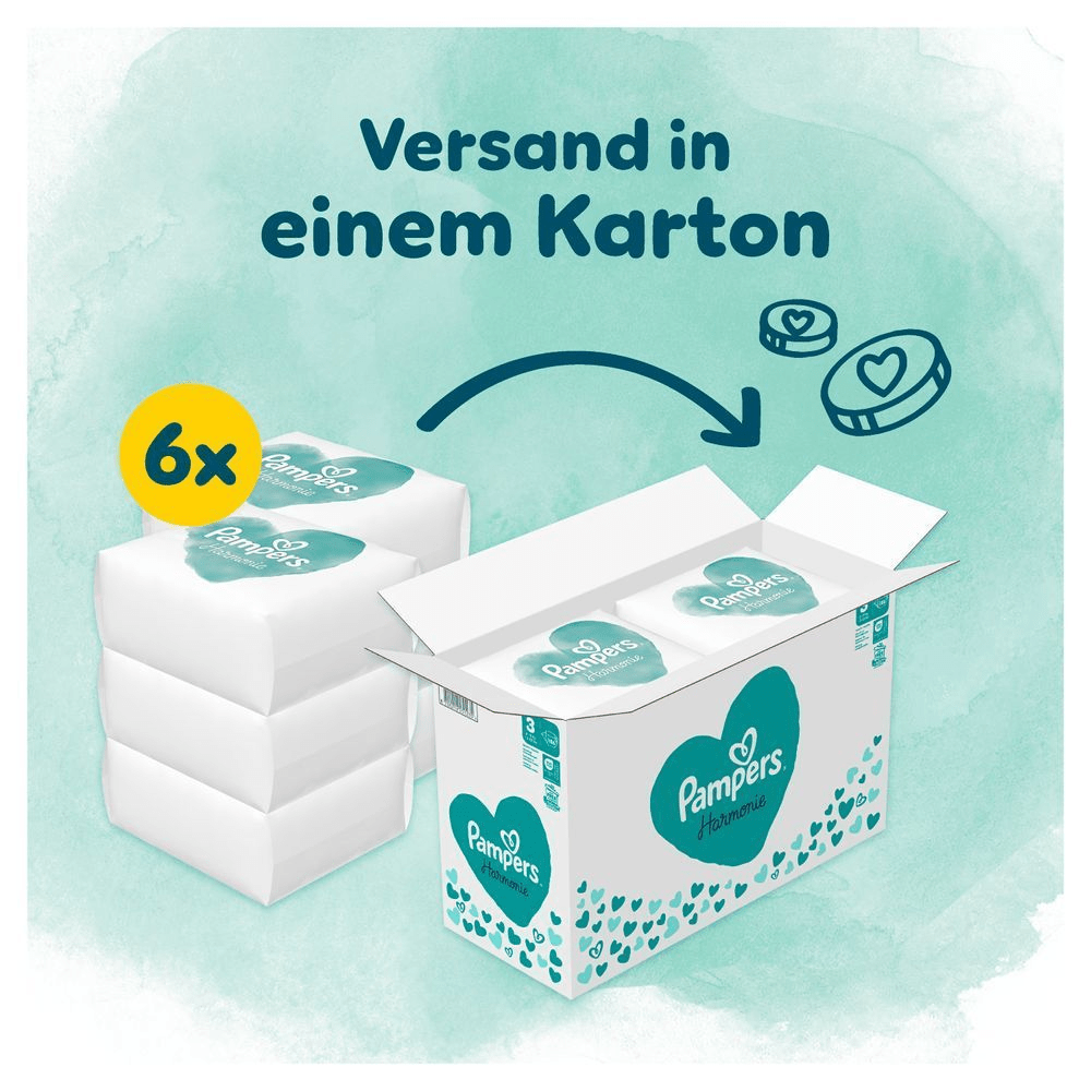 Das Bild zeigt, dass 6 Pampers Harmonie Größe 3 in einer Monatsbox inkludiert sind und in einem Karton versendet werden.