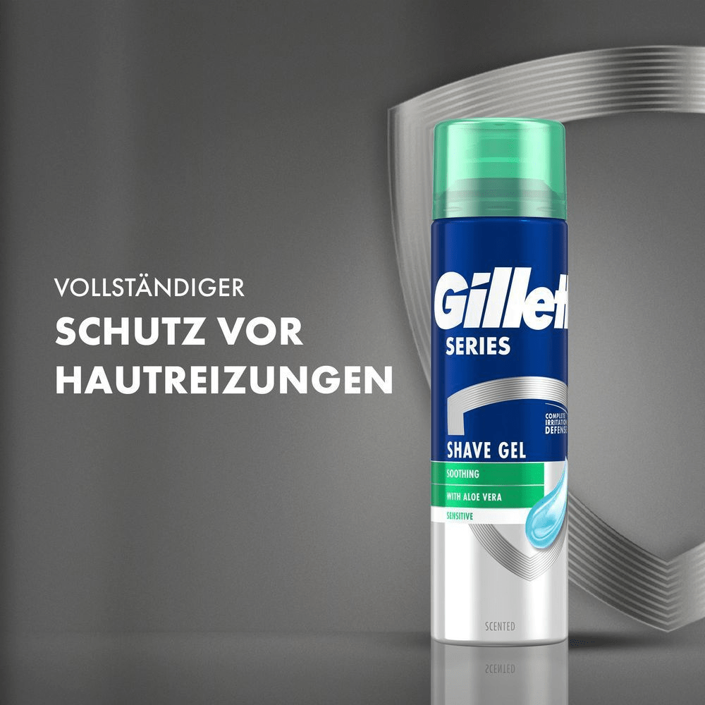 Gillette Series Rasiergel mit grauem Hintergund für empfindliche Haut bietet vollständigen Schutz vor Hautirritationen.