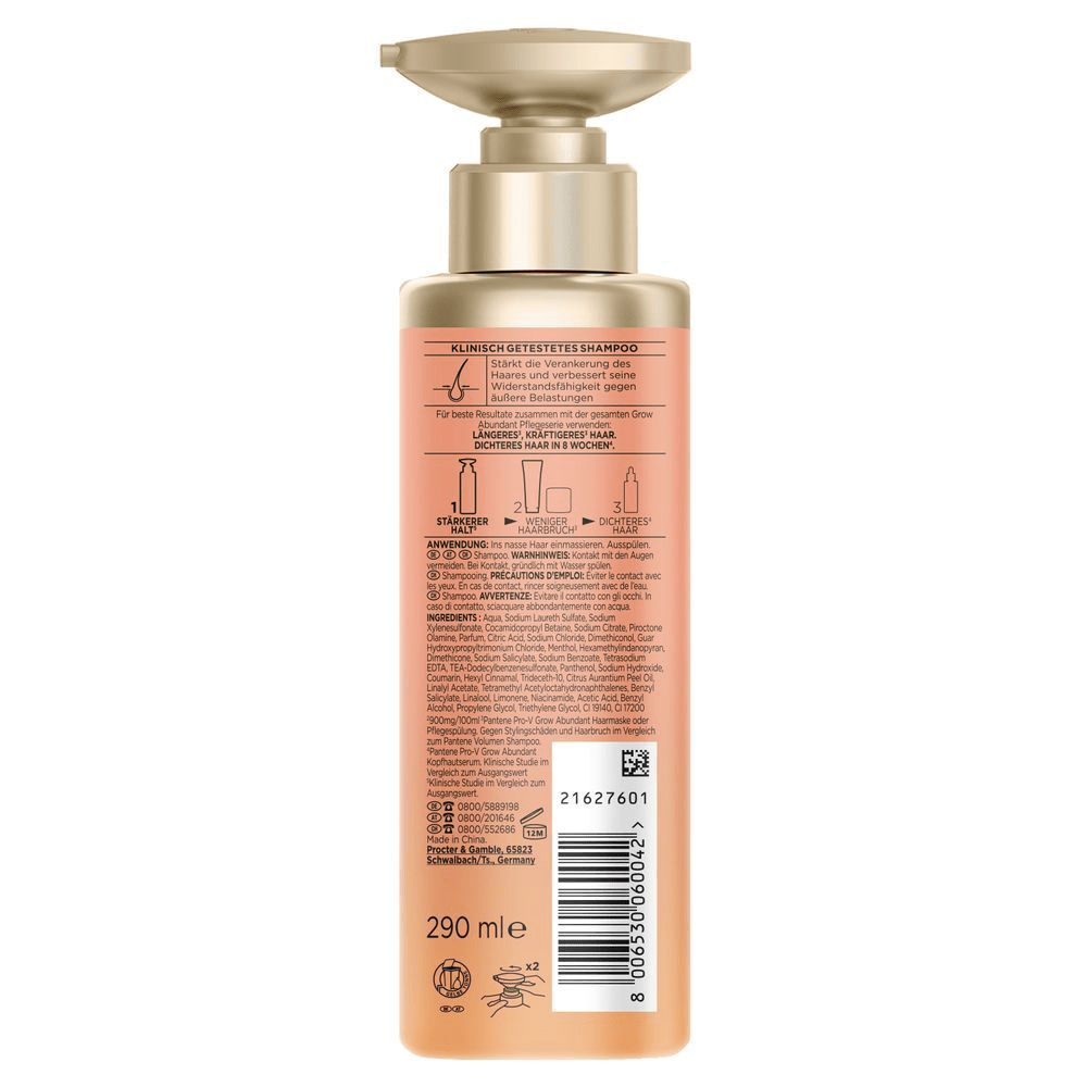 Vier Produkte der Pantene Pro-V Grow Abundant Serie stehen nebeneinander auf einem beigefarbenen Hintergrund: ein Shampoo mit Pumpspender, eine Spülung in der Tube, eine Haarmaske im Tiegel und ein Kopfhautserum mit Pipette. Darunter sind die Produkte mit den Zahlen 1, 2 und 3 beschriftet und mit den Texten 'Stärker jede Haarwäsche', 'Länger* jede Haarwäsche nach Shampoo' und 'Dichter jeden Tag' versehen.