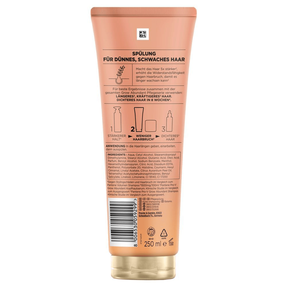 Vier Produkte der Pantene Pro-V Grow Abundant Serie stehen nebeneinander auf einem beigefarbenen Hintergrund: ein Shampoo mit Pumpspender, eine Spülung in der Tube, eine Haarmaske im Tiegel und ein Kopfhautserum mit Pipette. Darunter sind die Produkte mit den Zahlen 1, 2 und 3 beschriftet und mit den Texten 'Stärker jede Haarwäsche', 'Länger* jede Haarwäsche nach Shampoo' und 'Dichter jeden Tag' versehen.