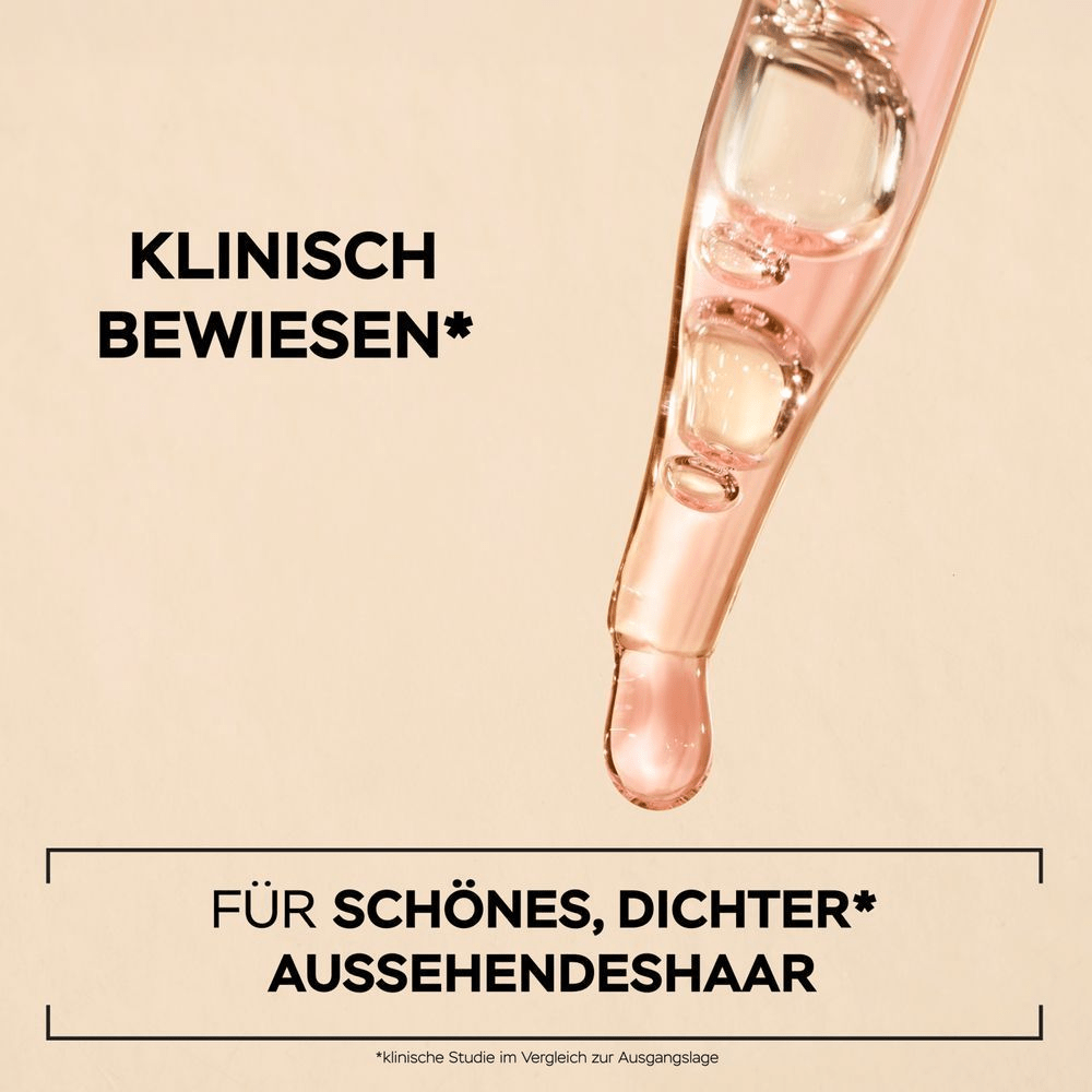 Eine Pantene Pro-V Grow Abundant Anti-Haarverlust Kopfhautserumflasche mit Pipette steht auf einem beigefarbenen Hintergrund. Die Pipette ist leicht herausgezogen und gefüllt. Daneben stehen in schwarzer Schrift die Vorteile des Produkts: Sichtbar dickeres Haar nach der ersten Anwendung*, Verbessert den Haarerhalt, Erhöht die Haardichte + 6000 mehr Haarfasern*