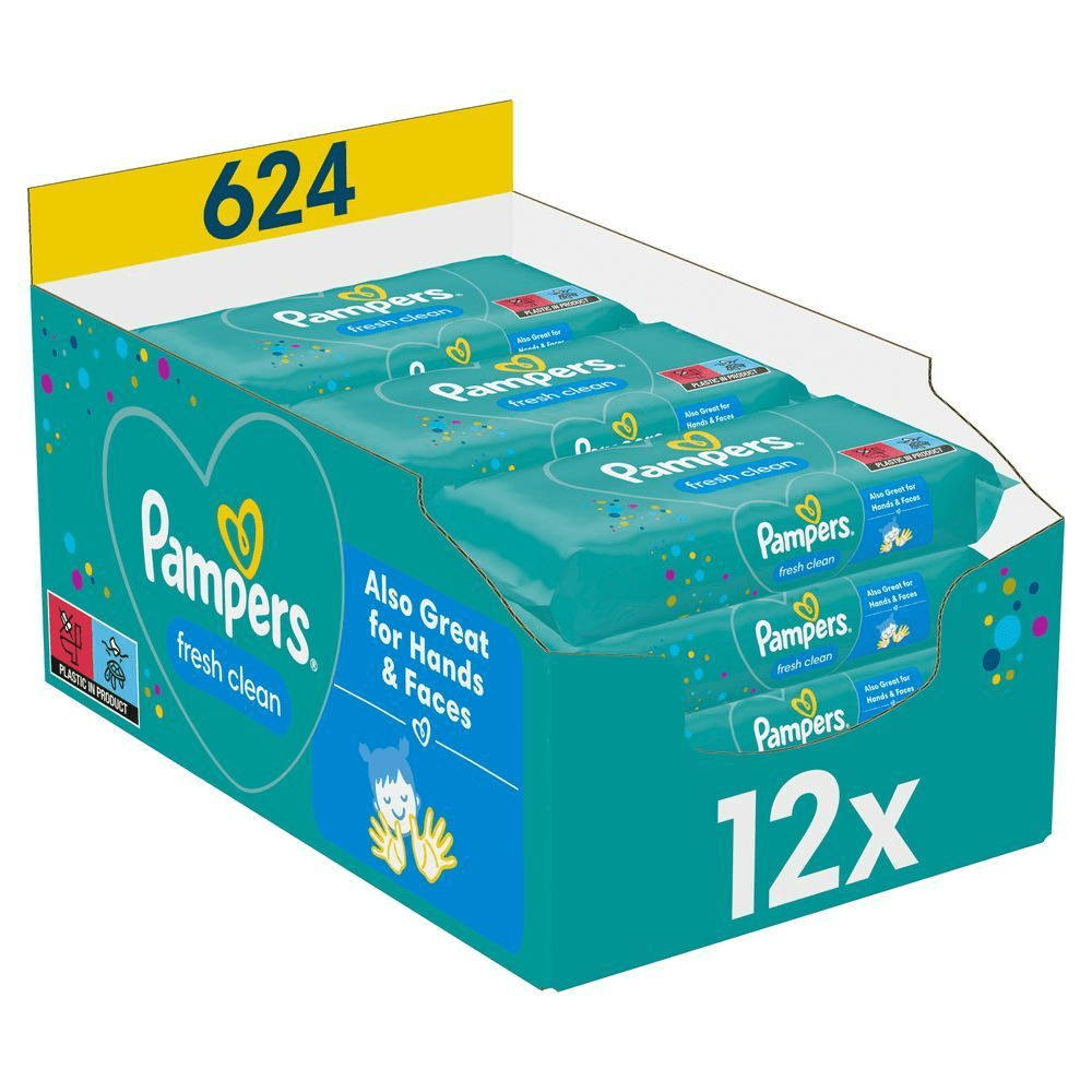 Pampers Fresh Clean Feuchttücher, 12er Pack mit je 52 Tüchern, hervorgehoben wird der Produktvorteil: Auch für Hände und Gesicht geeignet. [RO] Pampers Fresh Clean șervețele umede, cutie cu 12 pachete, etichetate ca fiind potrivite și pentru mâini și față. [IT] Pampers Fresh Clean salviette umidificate, confezione da 12, adatte anche per mani e viso. [HR] Pampers Fresh Clean vlažne maramice, pakiranje od 12 komada, odlične i za ruke i lice. [CS] Pampers Fresh Clean vlhčené ubrousky v balení po 12 kusech, vhodné i pro ruce a obličej. [HU] Pampers Fresh Clean törlőkendők gyűjtőkartonja, kiemelve, hogy kézre és arcra is kiválóan használható. [SK] Pampers Fresh Clean vlhčené obrúsky v balení po 12 kusoch, vhodné aj na ruky a tvár. [SL] Pampers Fresh Clean vlažilni robčki, pakiranje 12x, primerni tudi za roke in obraz.;
