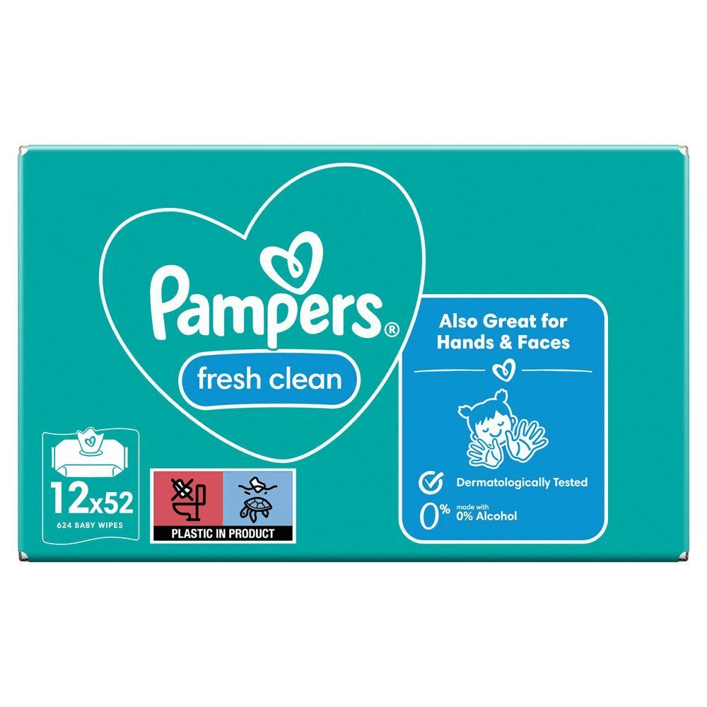 Pampers Fresh Clean Feuchttücher, 12x52 Packung, hervorgehoben wird die dermatologische Testung und 0% Alkohol. [RO] Pachet de șervețele umede Pampers Fresh Clean, 12x52, dermatologic testate și fără alcool, potrivite și pentru mâini și față. [IT] Pampers Fresh Clean salviette per bambini, confezione da 12x52, dermatologicamente testate e adatte anche per mani e viso. [HR] Pampers Fresh Clean vlažne maramice, pakiranje od 12x52, dermatološki testirane i odlične za ruke i lice, bez alkohola. [CS] Pampers Fresh Clean vlhčené ubrousky, balení 12x52, vhodné i pro ruce a obličej, dermatologicky testováno a bez alkoholu. [HU] Pampers Fresh Clean törlőkendő csomagolása, kiemelve, hogy bőrgyógyászatilag tesztelt és 0% alkoholt tartalmaz. [SK] Pampers Fresh Clean detské obrúsky, balenie 12 x 52 kusov, vhodné aj na ruky a tvár, dermatologicky testované a bez alkoholu. [SL] Pampers Fresh Clean otroški robčki, pakiranje 12 x 52, dermatološko testirani in primerni za roke in obraz.;