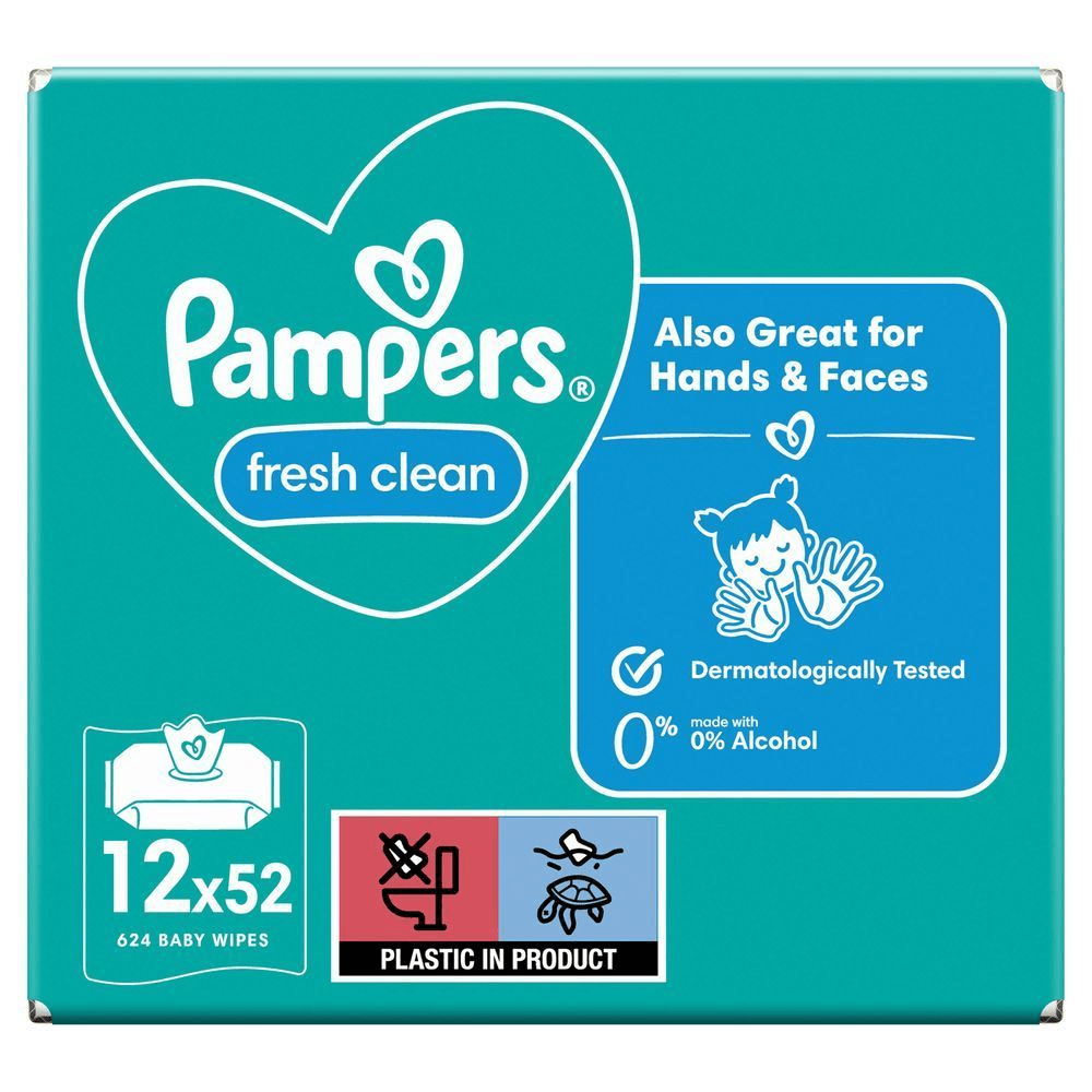 Pampers Fresh Clean Feuchttücher, 12er Pack mit je 52 Tüchern, auch ideal für Hände und Gesicht, dermatologisch getestet und 0% Alkohol. [RO] Pampers Fresh Clean, pachet de șervețele umede, cu mențiunea "Also Great for Hands & Faces" (potrivite și pentru mâini și față). [IT] Pampers Fresh Clean salviette per bambini, confezione da 12 x 52, adatte anche per mani e viso e dermatologicamente testate. [HR] Pampers Fresh Clean vlažne maramice, pakiranje 12x52, također odlične za ruke i lice, dermatološki testirane i 0% alkohola. [CS] Pampers Fresh Clean vlhčené ubrousky, balení 12x52, vhodné i pro ruce a obličej, dermatologicky testované a bez alkoholu. [HU] Pampers Fresh Clean törlőkendő csomagolása, kiemelve, hogy dermatológiailag tesztelt és kézre, arcra is használható. [SK] Pampers Fresh Clean vlhčené obrúsky, balenie 12x52, vhodné aj na ruky a tvár, dermatologicky testované a bez alkoholu. [SL] Pampers Fresh Clean vlažilni robčki, 12 x 52 kos, primerni tudi za roke in obraz, dermatološko testirani in brez alkohola.;