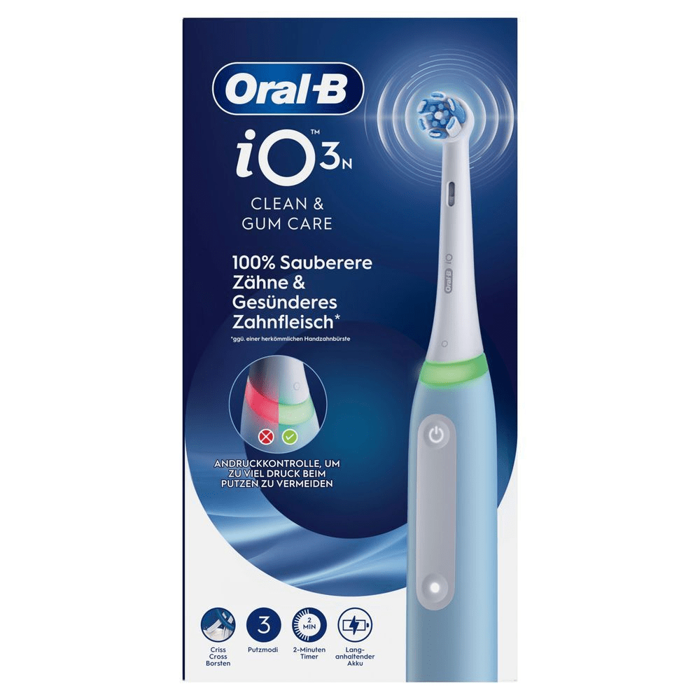 Oral-B iO3N Zahnbürste, Verpackung mit 100% saubereren Zähnen & gesünderem Zahnfleisch.