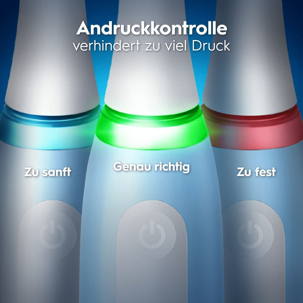 Oral-B Andruckkontrolle verhindert zu viel Druck durch farbige Anzeige (grün = optimal).