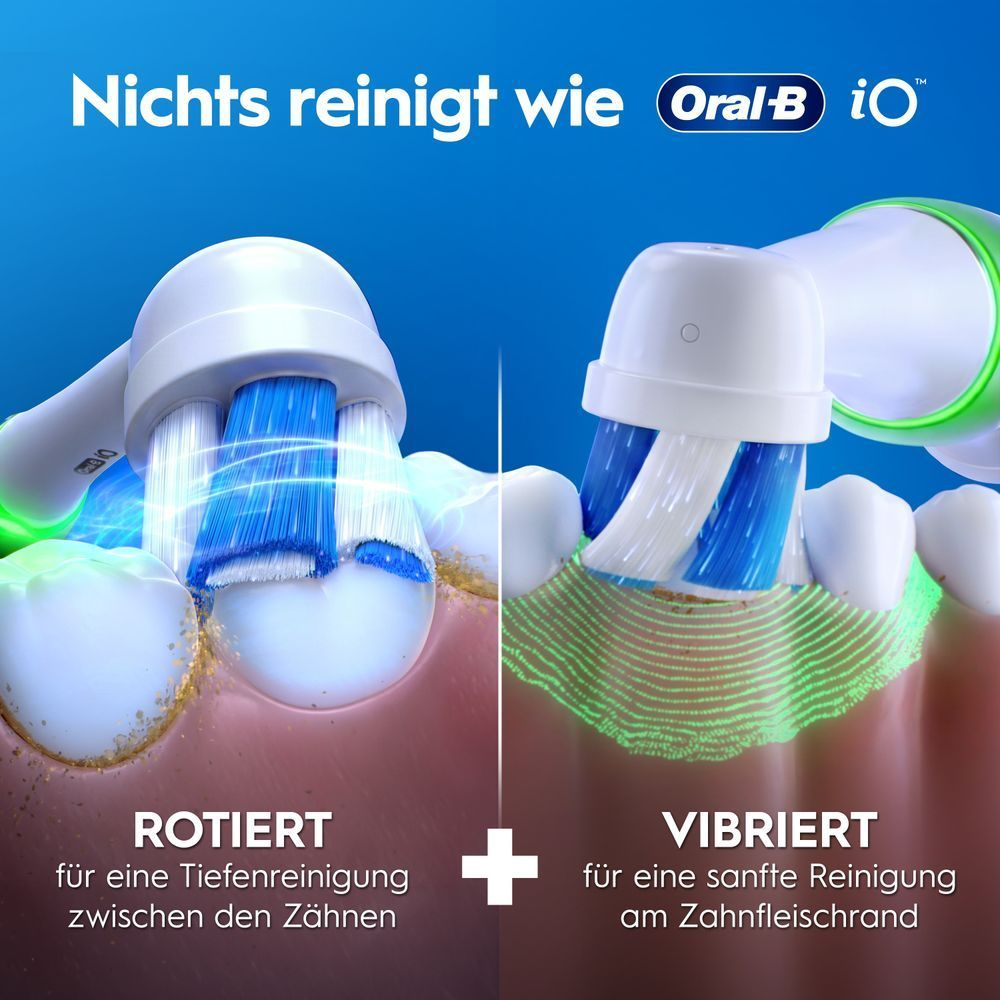Oral-B iO Zahnbürste demonstriert rotierende Tiefenreinigung und sanfte Vibration am Zahnfleischrand.