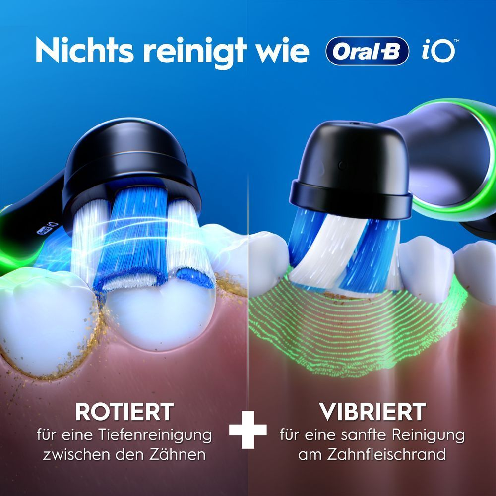 Oral-B iO Bürste zeigt Tiefenreinigung durch Rotation & sanfte Zahnfleischreinigung durch Vibration.