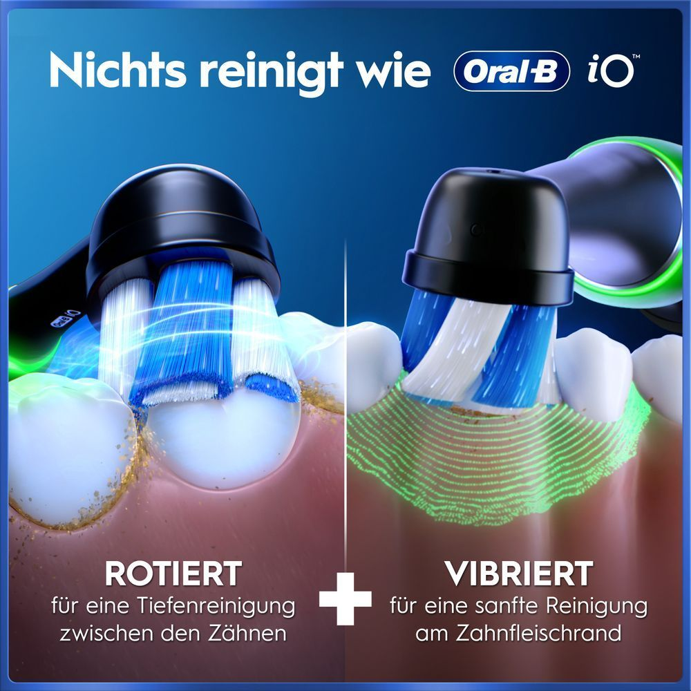 Oral-B iO demonstriert Rotations- & Vibrationsreinigung für Tiefen- & Zahnfleischrandreinigung.