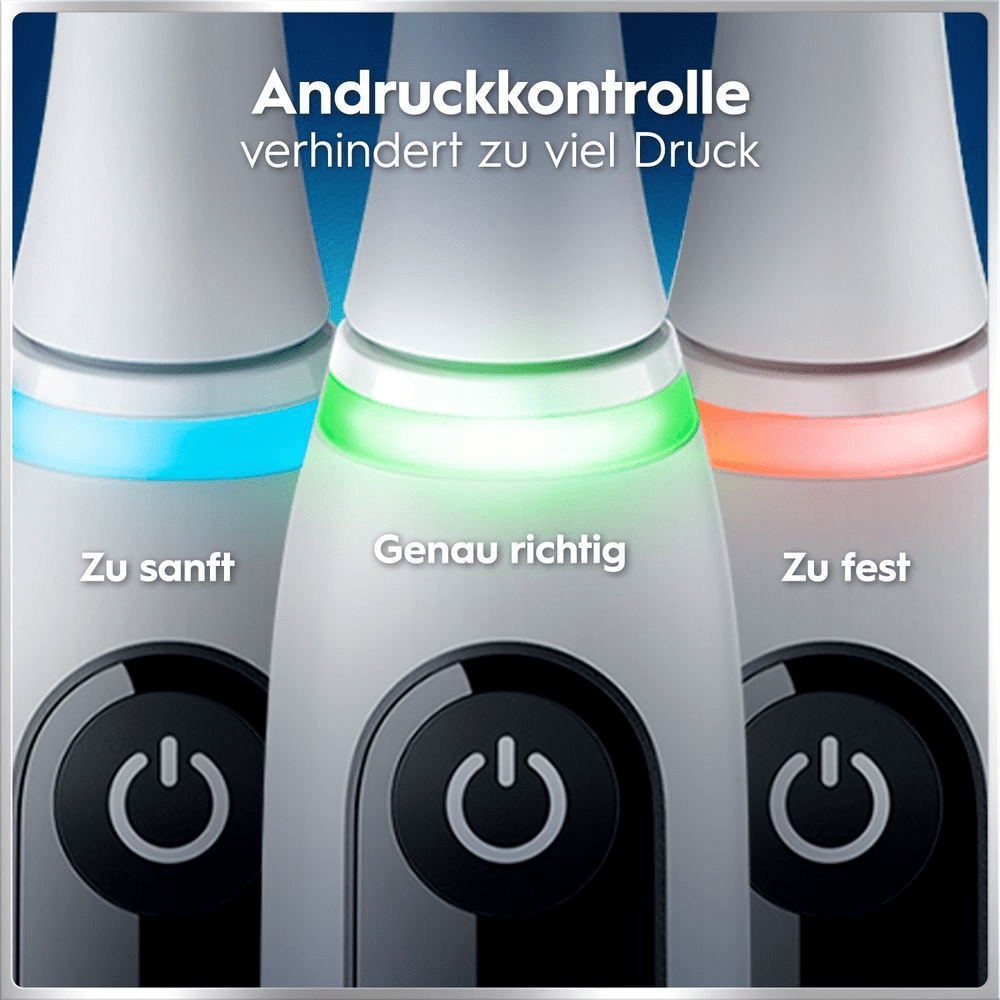 Oral-B Andruckkontrolle zeigt optimalen Bürstdruck mit Farbwechsel (grün: genau richtig).