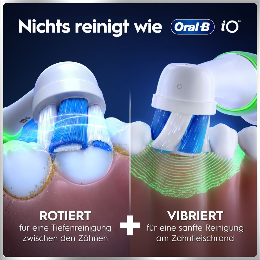 Oral-B iO Reinigungsmodi: Rotiert für Tiefenreinigung, vibriert für sanfte Zahnfleischpflege.