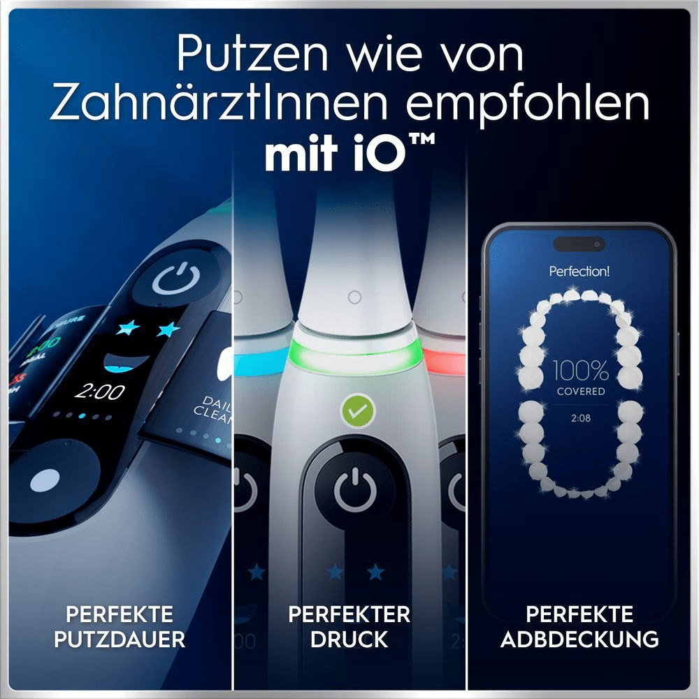 Oral-B iO zeigt Zahnärzte-empfohlenes Putzen: perfekte Putzdauer, Druck und Abdeckung.