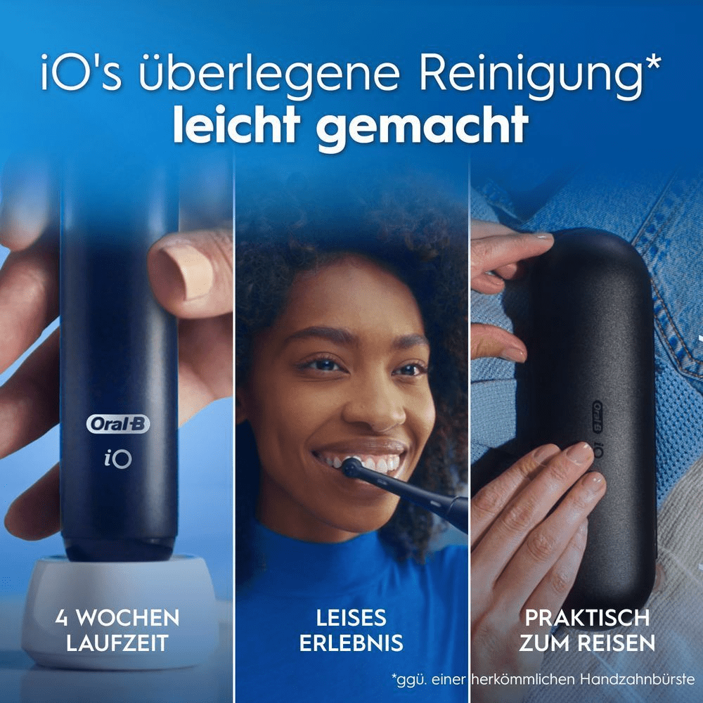 Oral-B iO: 4 Wochen Laufzeit, leises Erlebnis und praktisches Reiseetui für Top-Reinigung.