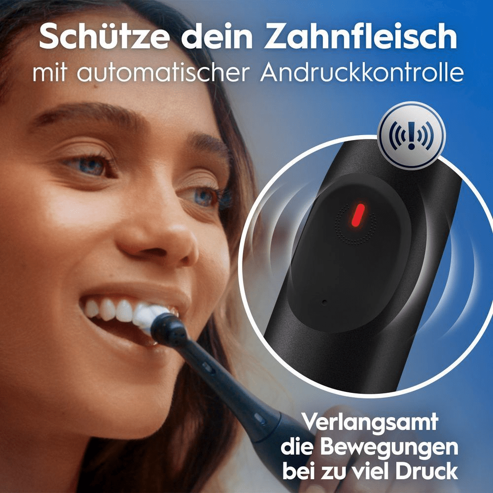 Zahnbürste mit Andruckkontrolle, die bei zu starkem Druck die Bewegungen automatisch verlangsamt