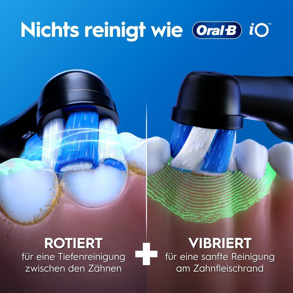 Oral-B iO zeigt rotierende Tiefenreinigung und vibrierende Zahnfleischrandpflege.