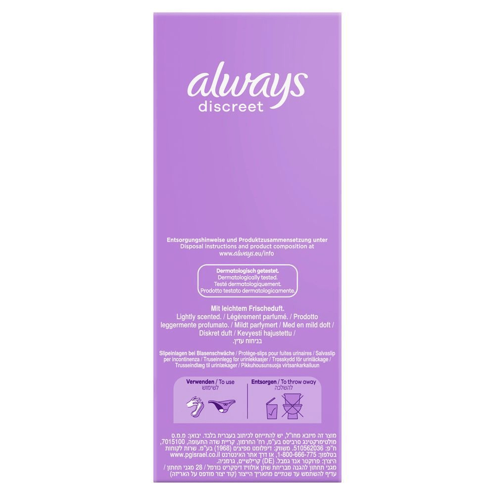 Always Discreet Slipeinlagen Verpackung, hervorgehoben "Dermatologisch getestet" und "Mit leichtem Frischeduft".;