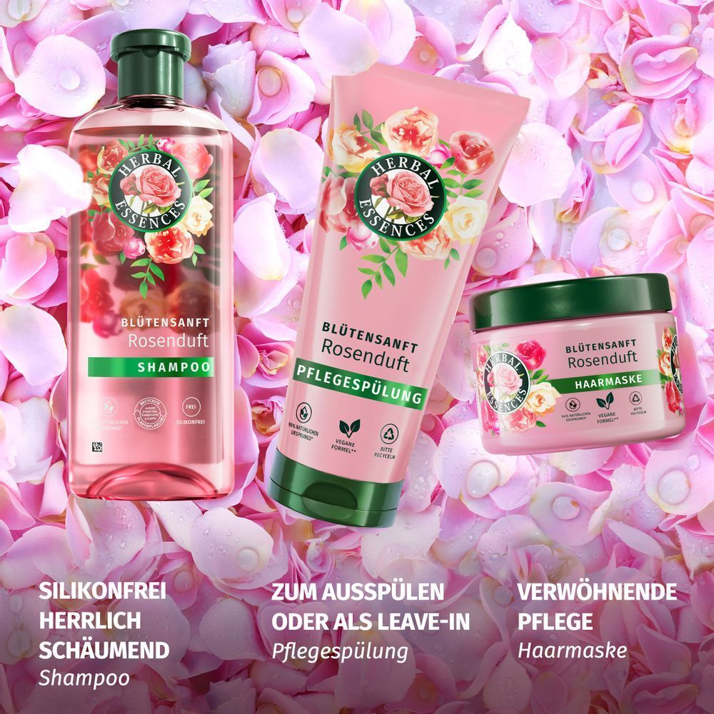 Herbal Essences Rosenduft-Serie für herrliches, blumiges Haar: Shampoo, Spülung (auch Leave-In), und Maske für verwöhnende Pflege.