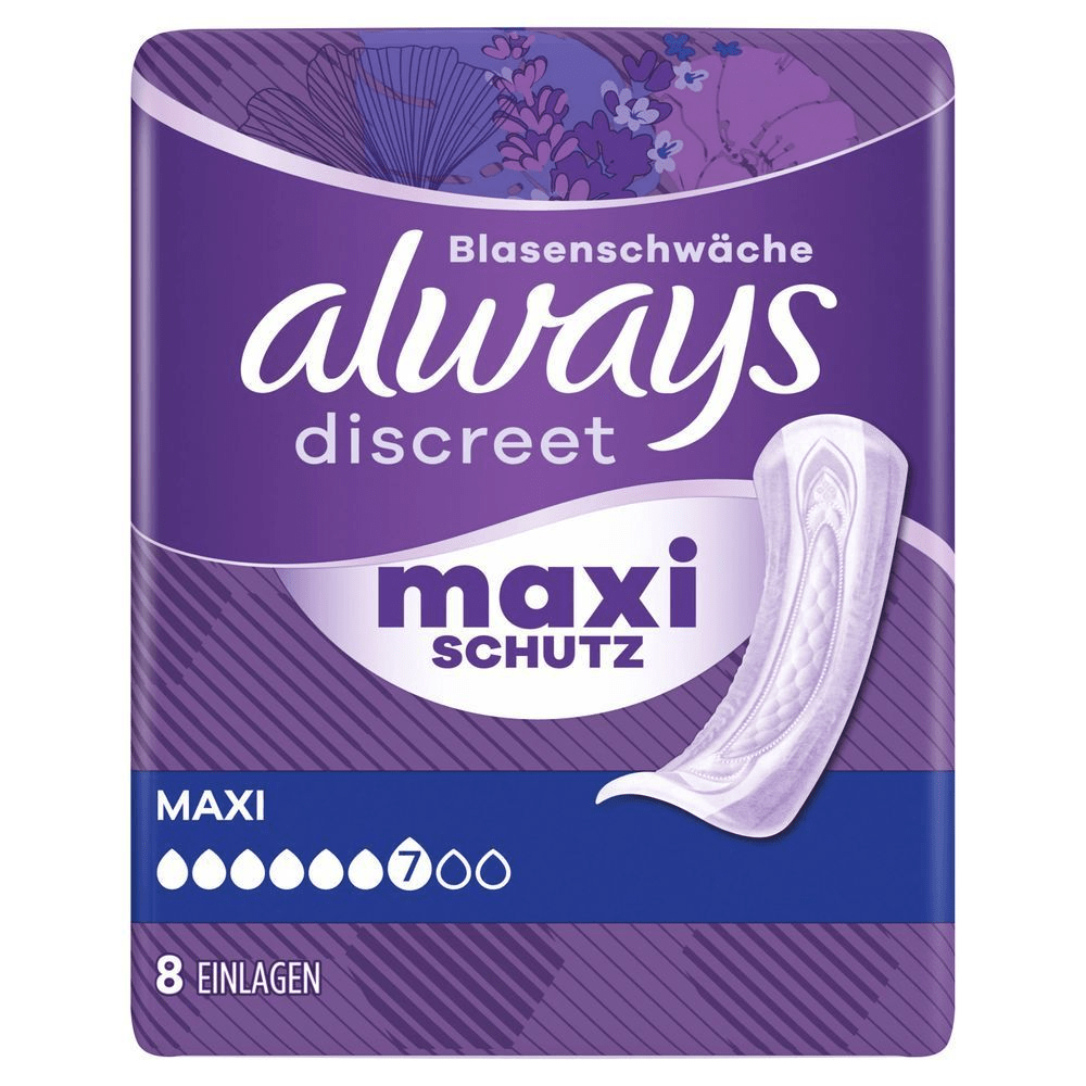 Always Discreet Maxi Einlagen für Blasenschwäche im Paket, hervorhebend Maxi Schutz und die Saugstärke von 7 Tropfen. [EN] Always Discreet pads, size maxi, 7 drops, 8 count, without wings, sensitive bladder, maxi protection. Plastic pack front panel in pu rple, Always logo dark purple.