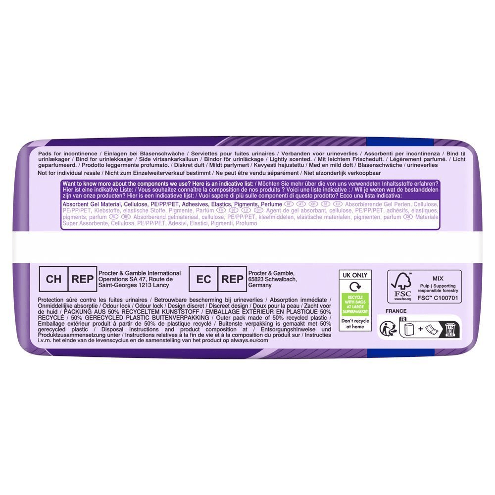 Always Einlagen bei Blasenschwäche Verpackung, mit 50% recyceltem Kunststoff in der Außenverpackung.