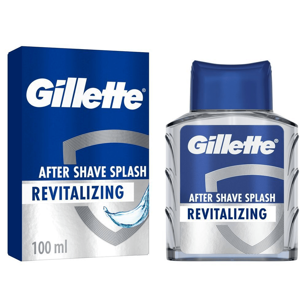 Gillette After Shave Splash Revitalizing, 100ml, mit Verpackung, die den revitalisierenden Effekt hervorhebt. [IT] Gillette Post rasatura Splash Rivitalizzante, flacone e confezione. Formula rivitalizzante per una sensazione di freschezza. [ES] Gillette After Shave Splash Revitalizing, mostrando el empaque y la botella con la etiqueta "Revitalizing". [PT] Gillette After Shave Splash Revitalizing, frasco e embalagem, destacando o efeito revitalizante para uma pele com aparência saudável.;