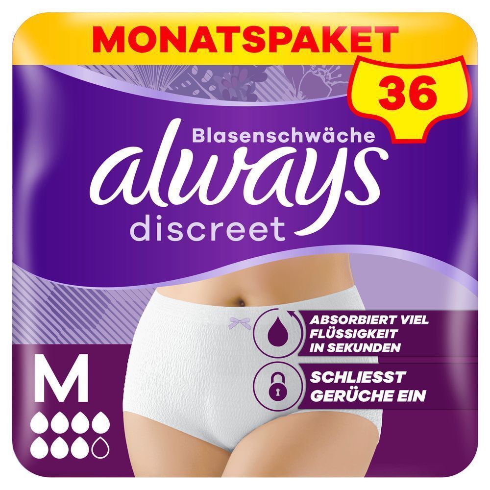 Always Discreet Höschen für Blasenschwäche, Größe M, Monatspaket mit 36 Stück, absorbiert viel Flüssigkeit in Sekunden, schließt Gerüche ein