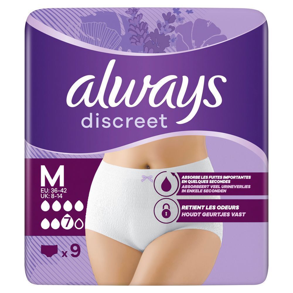 Always Discreet Höschen L, 7 Tropfen, 9 Stück, absorbiert viel Flüssigkeit in Sekunden, schließt Gerüche ein [EN] Always Discreet underwear packaging, highlighting the claim "absorbs leaks in seconds" and "retains odors.";