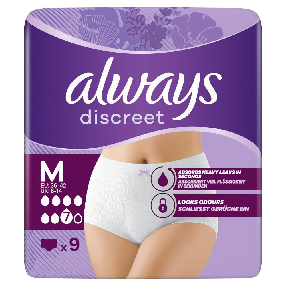 3 verschiedene Packungen Inkontinenz-Einlagen und -Höschen von Always Discreet, der Top Marke 2025.