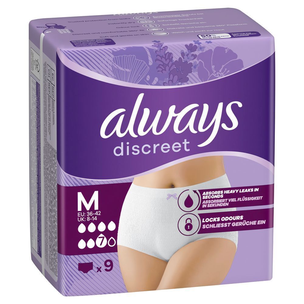 Always Discreet Höschen L, 7 Tropfen, 9 Stück, absorbiert viel Flüssigkeit in Sekunden, schließt Gerüche ein [EN] Always Discreet underwear packaging, highlighting the claim "Absorbs heavy leaks in seconds" and "Locks odours".;