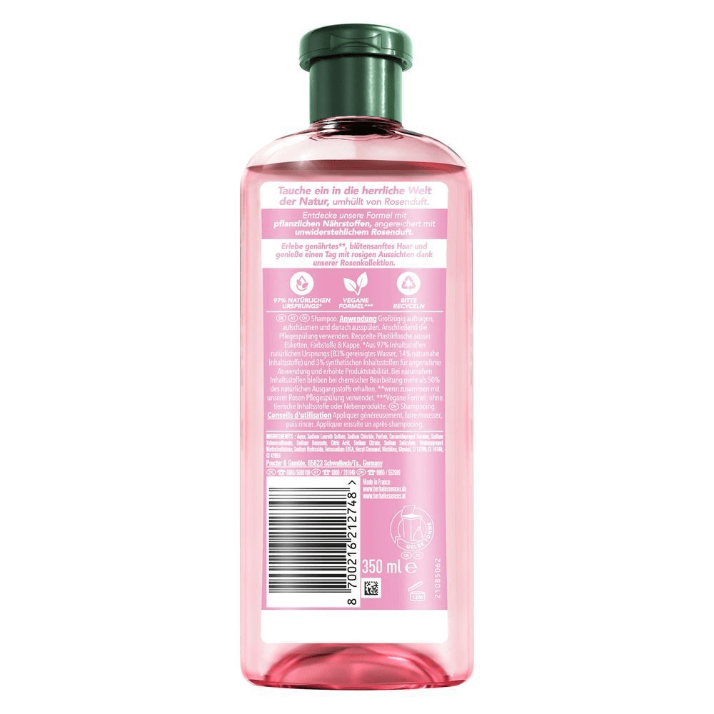 Herbal Essences Shampoo Rosenkollektion 350ml, Verpackung mit dem Hinweis "97% natürlichen Ursprungs" und "Vegane Formel".