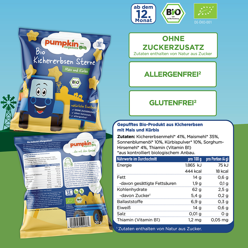 Bild: pumpkin organics Bio Kichererbsen Sterne mit Mais und Kürbis 