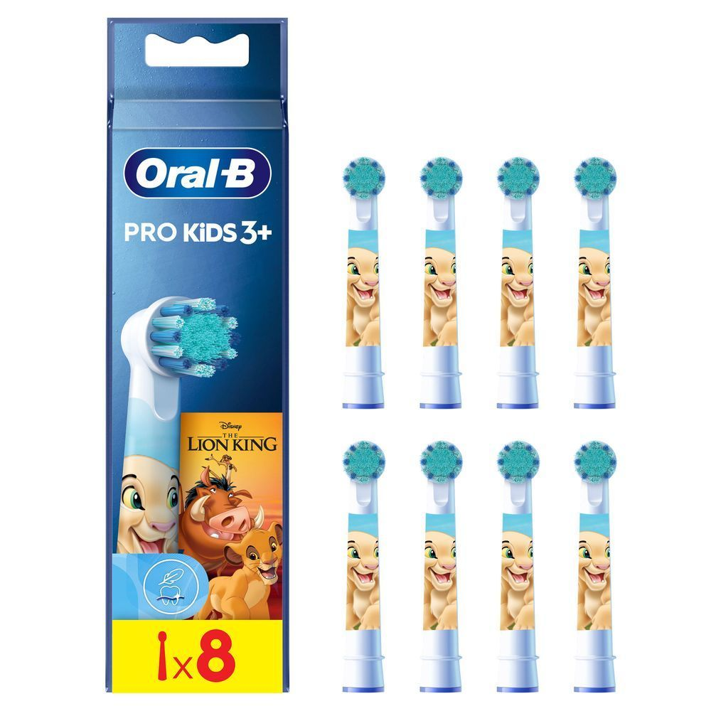 Oral-B Pro Kids 3+ Aufsteckbürsten, 8er-Packung, mit Disney Der König der Löwen Motiven. [EN] Oral-B Pro Kids 3+ toothbrush heads, featuring Disney's The Lion King characters, available in a pack of 8. [DA] Oral-B Pro Kids 3+ børstehoveder, 8 stk., med Disney Løvernes Konge-design på børstehovederne. [SV] Oral-B Pro Kids 3+ tandborsthuvuden, 8-pack, med Disneys Lejonkungen-motiv på förpackningen och på själva borsthuvudena. [IT] Oral-B Pro Kids 3+ confezione da 8 testine di ricambio con design del Re Leone. [HR] Oral-B Pro Kids 3+ nastavci za električnu četkicu za zube, pakiranje s 8 nastavaka s motivom Disneyjevog Kralja lavova. [FI] Oral-B Pro Kids 3+ -vaihtoharjaspäät, Leijonakuningas-teemalla, pakkauksessa 8 kappaletta, joissa jokaisessa Nala-hahmo. [NO] Oral-B Pro Kids 3+ tannbørstehoder, med Disney Løvenes Konge-design, pakke med 8 stk. [ES] Oral-B Pro Kids 3+ cabezales de recambio con diseño de El Rey León, paquete de 8 unidades.;