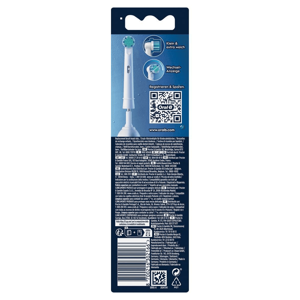 Oral-B Aufsteckbürsten für Kinder, Verpackung zeigt "Klein & extra weich" und QR-Code zum Registrieren und Sparen.