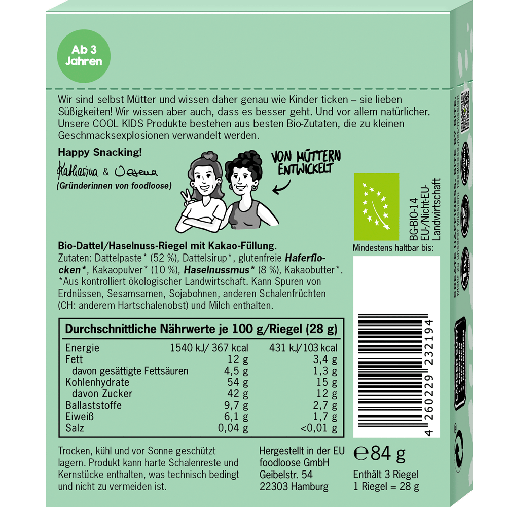 Bild: Foodloose Nusscreme Riegel Haselnuss Kakao
