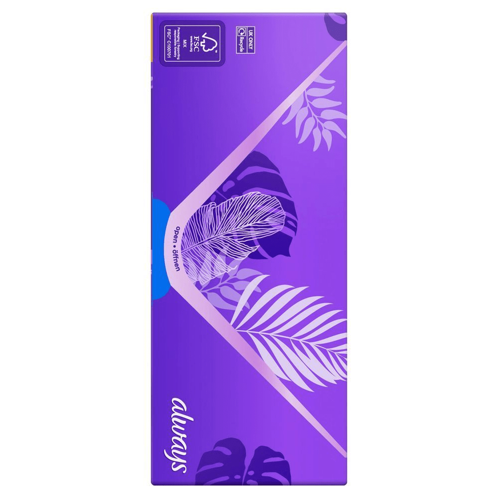 [PL] Opakowanie Always z fioletowym motywem liści i napisem "open • öffnen" wskazującym sposób otwierania. [FR] Always Daily protège-slips, emballage violet avec des motifs de feuilles et l'indication "UK Only Recycle". [LT] Always pakuotė su lapų dizainu ir užrašu "open • öffnen" (atidaryti). [ET] Always toote pakend, millel on kirjas "UK ONLY Recycle" ja FSC logo. [LV] Always iepakojums ar tropu lapu dizainu un norādi par pārstrādi tikai Lielbritānijā. [HR] Always higijenski ulošci, pakiranje s oznakom "UK ONLY Recycle" i FSC certifikatom za odgovorno gospodarenje šumama. [CS] Balení dámských vložek Always s fialovým designem a nápisem "open. öffnen" pro snadné otevírání. [HU] Always termék csomagolása, kiemelve a "UK ONLY Recycle" (csak az Egyesült Királyságban újrahasznosítható) jelölést. [SK] Always vložky, balenie s dizajnom listov a nápisom "open • öffnen". [SL] Always higienski vložki, prikazana embalaža z ilustracijami listov in napisom "open • öffnen".;