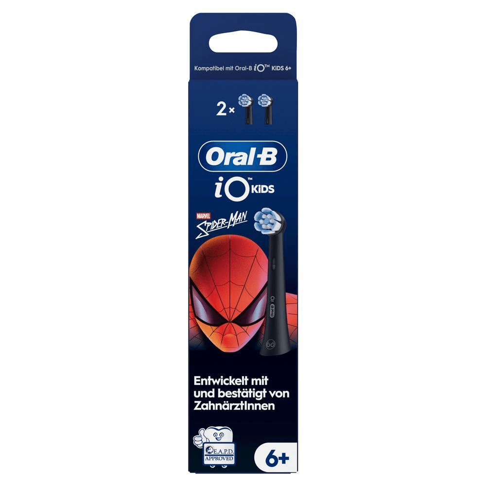 Oral-B iO Kids Aufsteckbürsten mit Spider-Man Design, 2er-Pack, geeignet für Kinder ab 6 Jahren, von Zahnärzten entwickelt und bestätigt.;