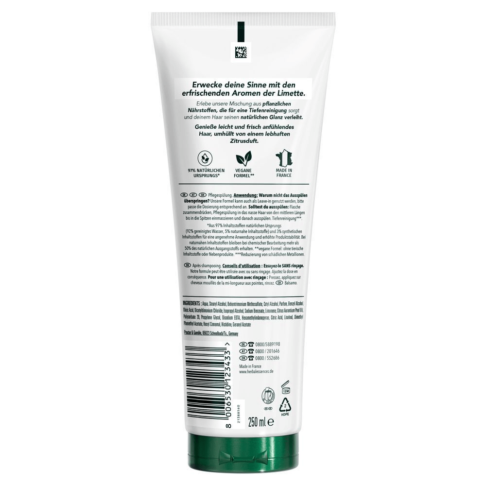 Herbal Essences Pflegespülung mit Limettenduft, die mit 97% natürlichen Ursprungs und veganer Formel für Tiefenreinigung und natürlichen Glanz wirbt.