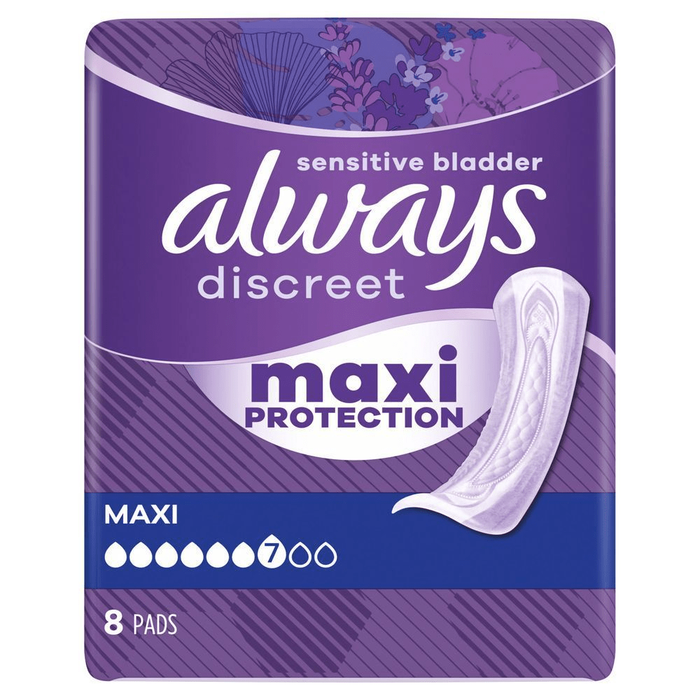 Always Discreet Maxi Protection Einlagen bei Blasenschwäche, Packung mit 8 Stück für maximalen Schutz.
