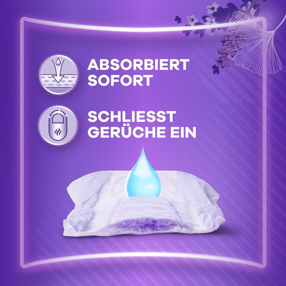 Einlage mit Text "Absorbiert Sofort, Schließt Gerüche ein"